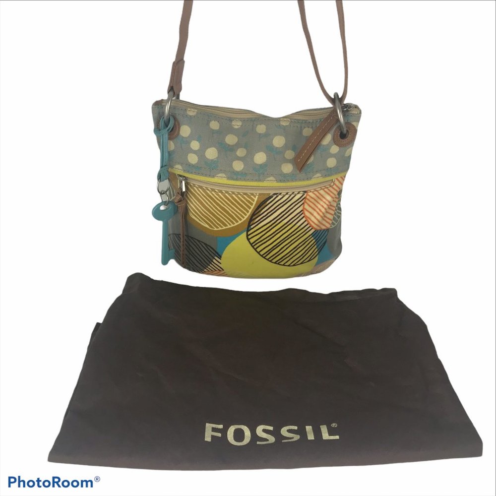 FOSSIL Womens Crossbody Bag Coated Canvas Mod Yellow & Blue 9 X 11